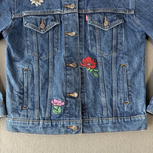 Levi's Ex-Boyfriend Denim Jacket Womens S Floral Embroidered Patch Trucker Coat - Picture 3 of 16